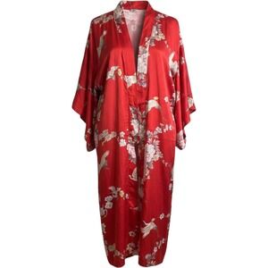 Sakurai Shoji Silk Kimono Robe Womens OS Red Fair Crane Floral Made in Japan